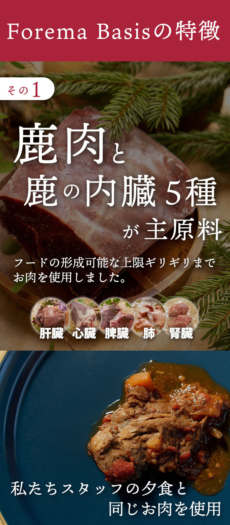 Forema Basisは、鹿肉と5種類の鹿内臓が主原料。私たちスタッフの夕食と同じ品質の鹿肉を使用しています。