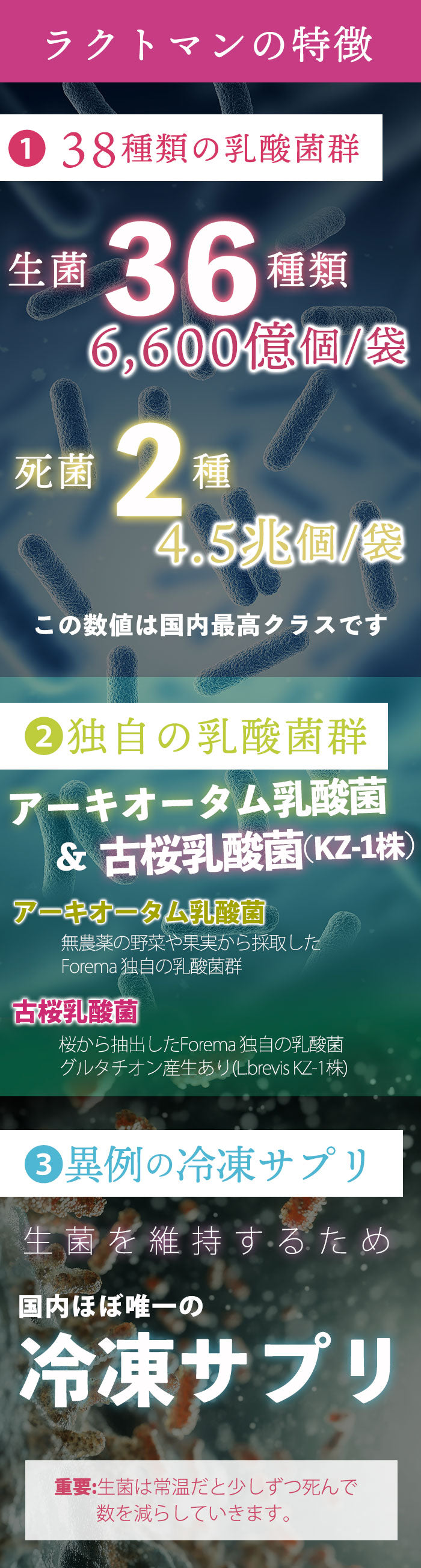 生きた乳酸菌36種類/6,600億個/袋を使用しています。Forema 独自のアーキオータム乳酸菌も使用。