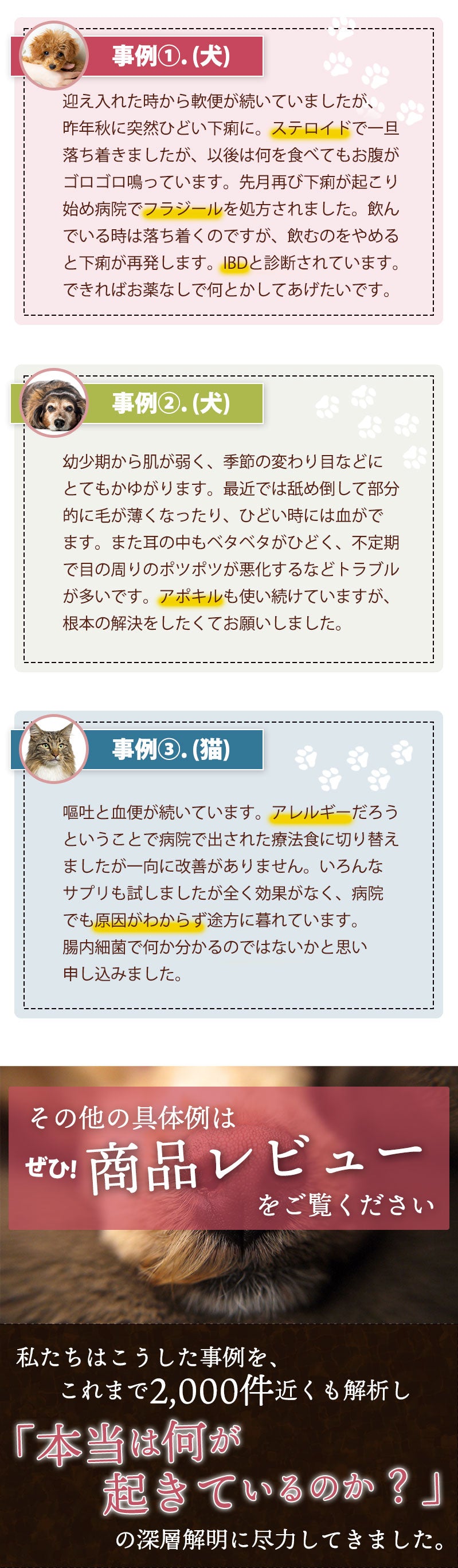 解析の背景としての事例。1.ひどい下痢でステロイドやフラジールが手放せない犬のパターン。2.幼少期から肌が弱く、アポキルが手放せなかった犬の事例。3.原因不明の嘔吐と血便が続いている猫の事例。